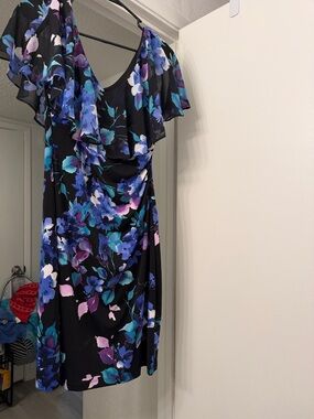 connected apparel Black Midi Dress with Blue & Purple Floral Print